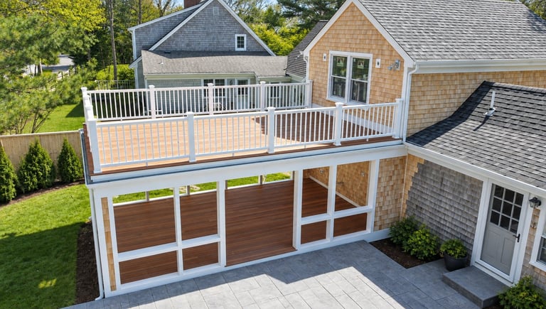 Modern home with white railing deck above brown wooden garage doors and stone patio.
