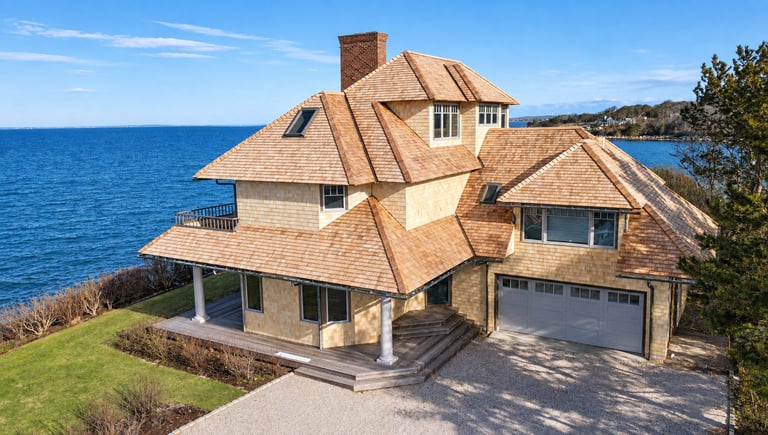 Waterfront mansion with tan brick and multiple peaked roofs overlooking blue ocean on sunny day.