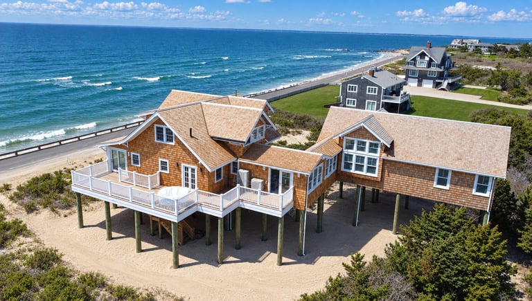 Aerial view of beachfront homes on stilts with sandy beach and ocean, featuring wooden construction and coastal landscape.