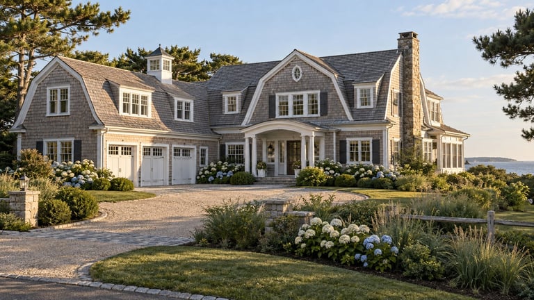 Large modern coastal home with gray shingle exterior, white trim, and manicured landscaping including hydrangeas and ornamental grasses