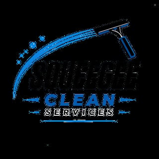 Squeegee Clean Services logo featuring a blue pressure washing gun with water spray particles