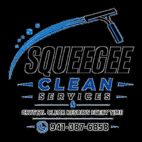 Squeegee Clean Services logo with spray wand graphic, tagline Crystal Clear Results Every Time, and phone number 941-837-6858