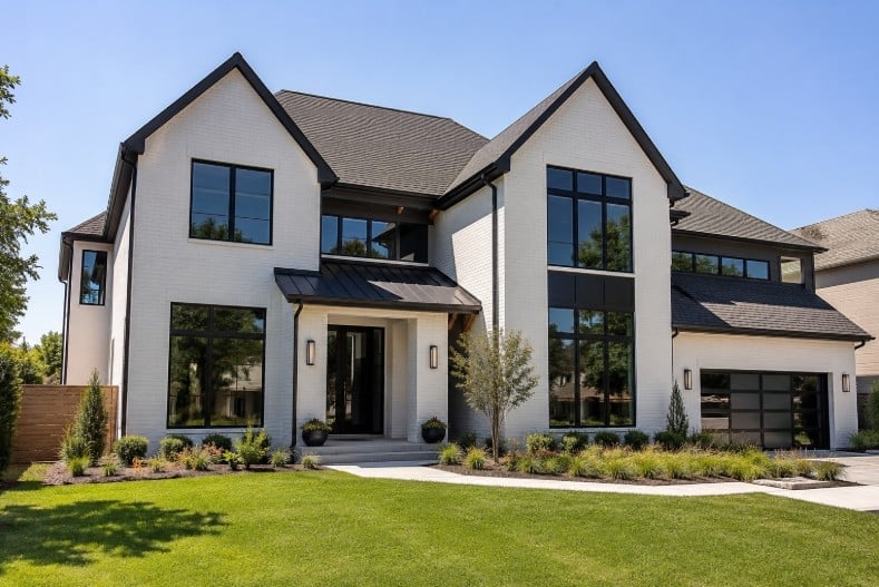 Modern two-story white and black house with gabled roof, large windows, dark garage door, front entrance portico, green lawn, and landscaping on sunny day