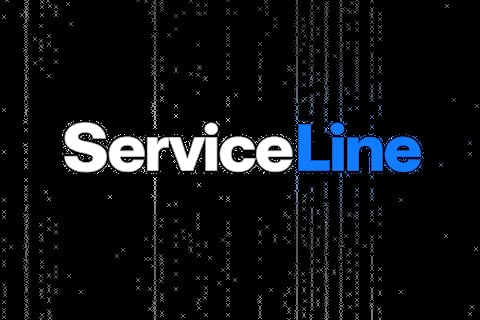 ServiceLine logo with white and blue text on a black digital background with binary code pattern