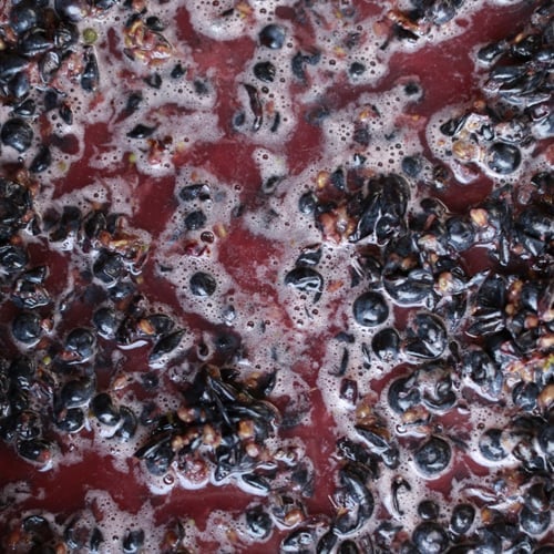Close-up of grape must fermenting with red liquid, bubbles, and foam rising to the surface during natural fermentation