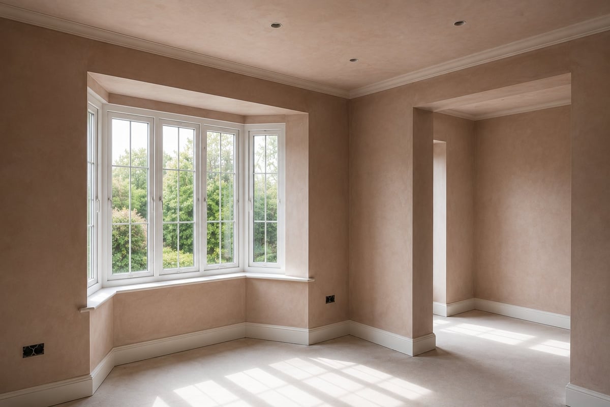 Empty bedroom with beige walls, large bay window with white frames, and natural sunlight flooding the space