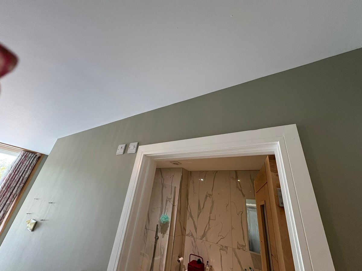Interior doorway with white trim frame leading to a room with wooden door, set in a sage green wall