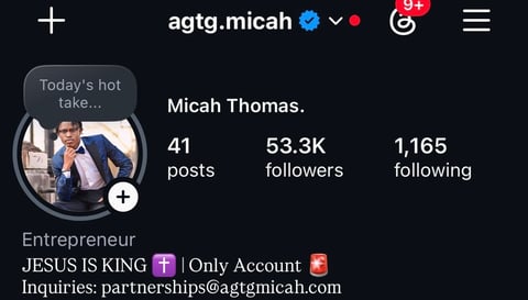Instagram profile for agtg.micah showing 53.3K followers and 41 posts