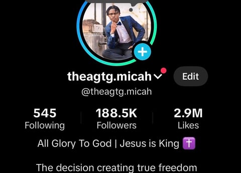 TikTok profile for theagtg.micah showing 188.5K followers and 2.9M likes