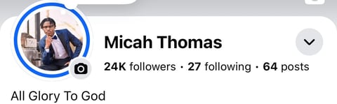 Facebook profile for Micah Thomas showing 24K followers and 64 posts