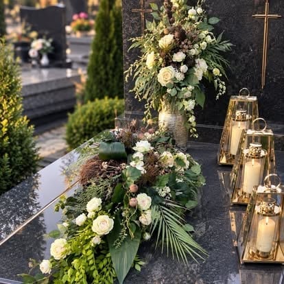 Kompozycja nagrobna z białych róż i zieleni obok mosiężnych latarenek na cmentarzu