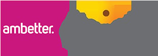 Ambetter logo featuring a magenta square with white text on the left and a gray geometric shape with yellow accents on the right