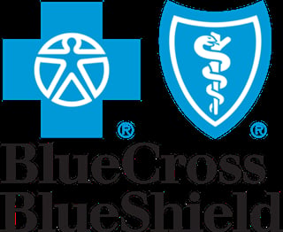 Blue Cross Blue Shield logo featuring a blue cross with a person symbol and a blue shield with a snake symbol