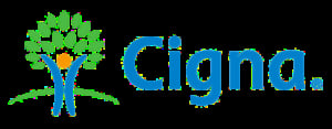 Cigna logo featuring a blue stylized figure beneath a green tree with the word Cigna in blue text