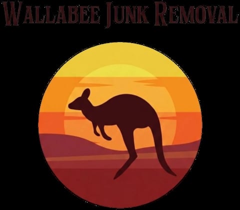 Wallabee Junk Removal logo featuring a kangaroo silhouette against a colorful sunset gradient background