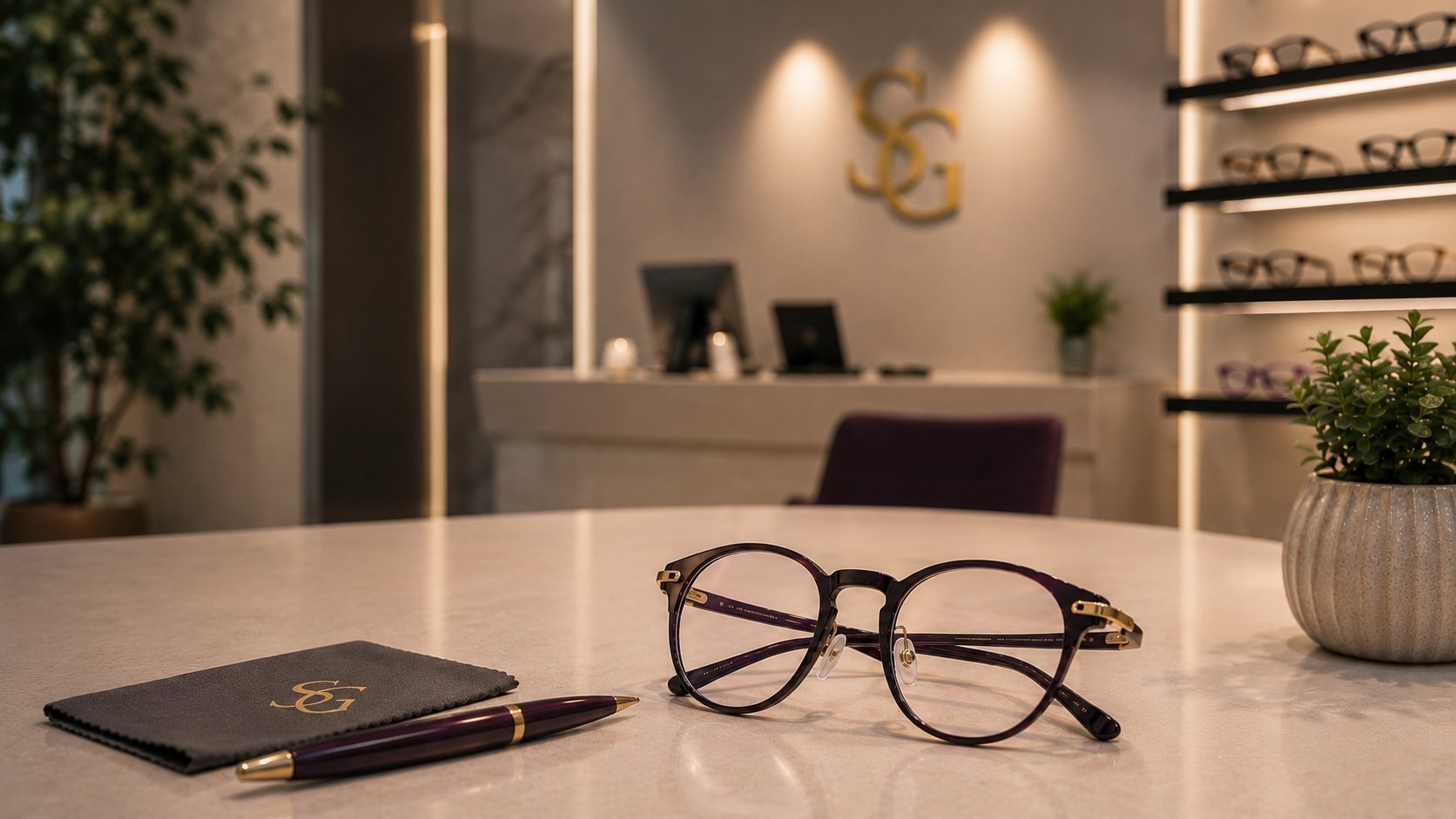 Brille und Ledernotizbuch auf modernem Tresen in unserem Augenoptik-Fachgeschäft in Berlin-Charlottenburg