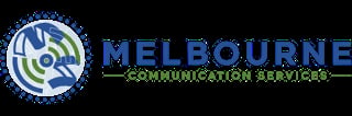 Melbourne Communication Services logo with blue circular design and green accent text