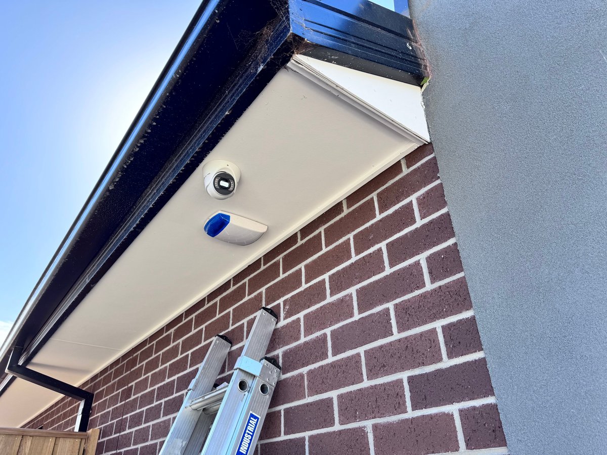 Outdoor CCTV security camera installation on a Melbourne property, with camera mounted under the eaves for full perimeter coverage
