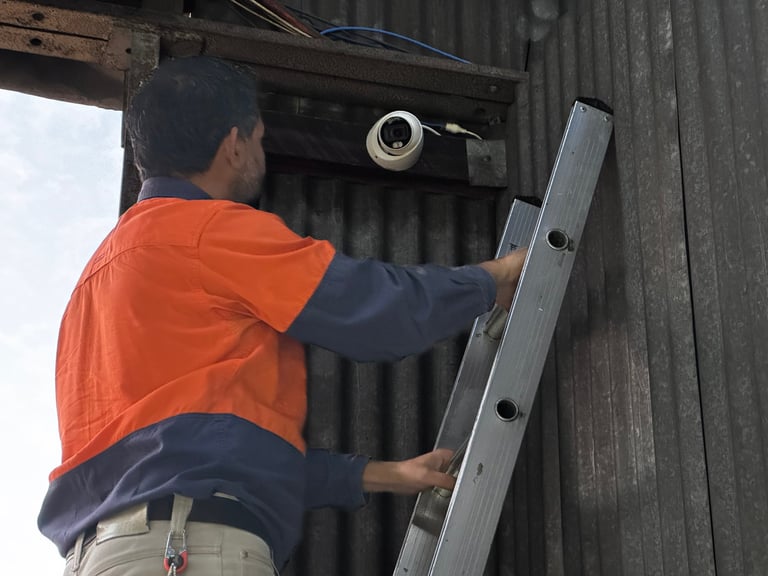 Worker in orange and navy jacket climbing aluminium ladder against wooden structure