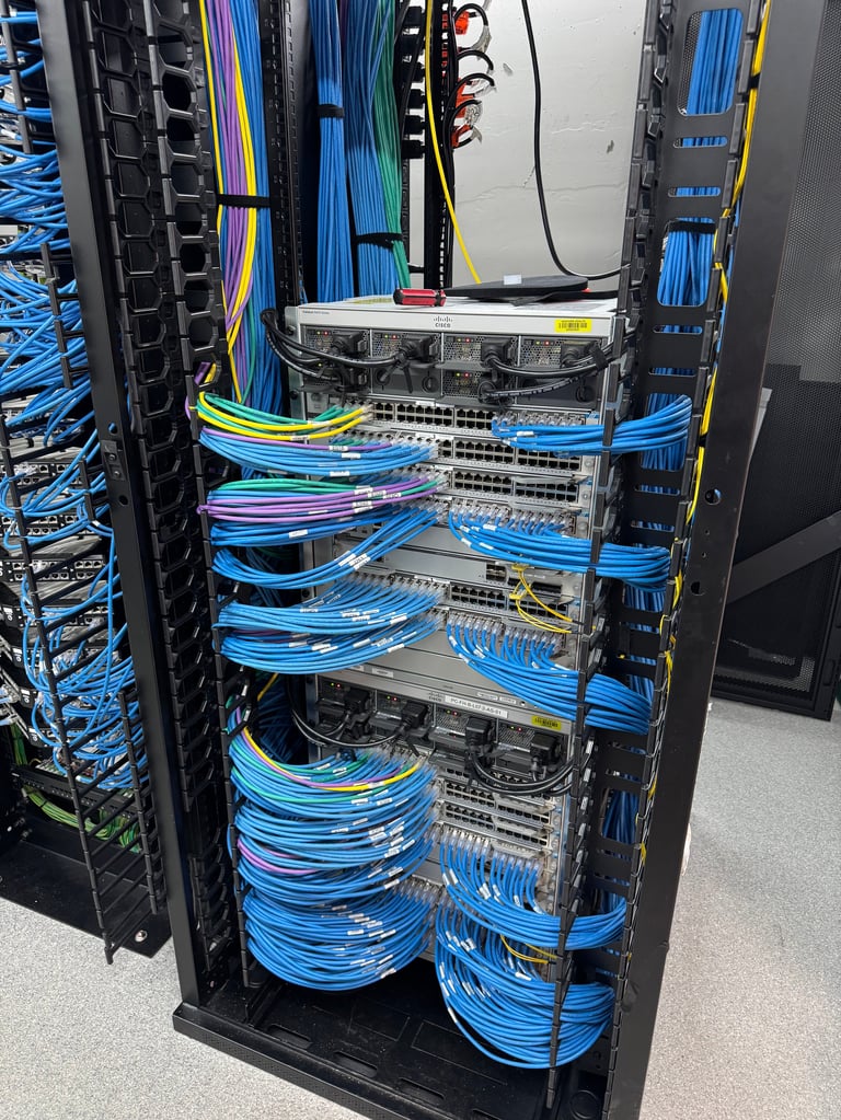 Server rack with stacked network equipment and numerous blue, black, and yellow cable management in a data centre
