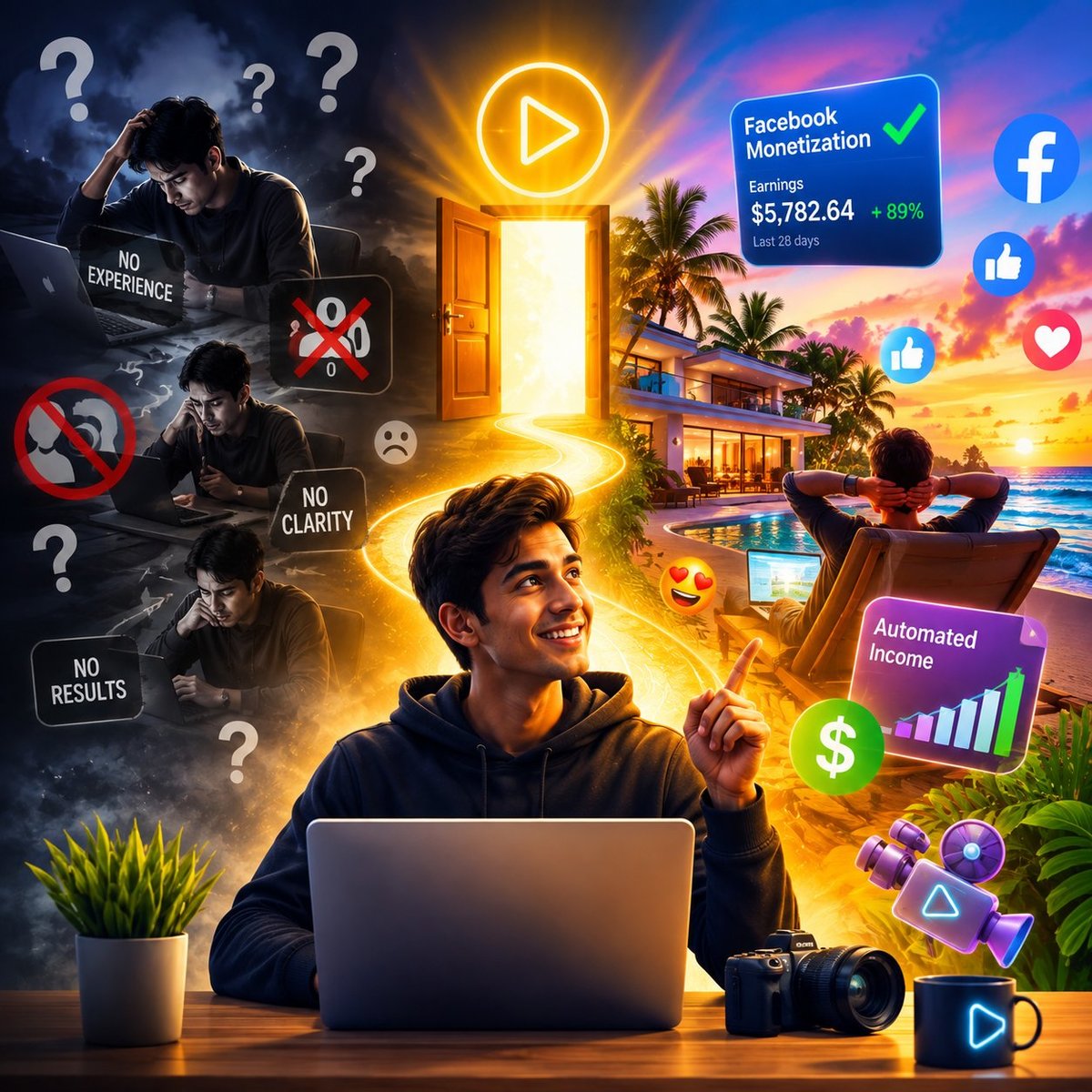 Young content creator at laptop with glowing play button, surrounded by social media icons, monetization metrics, and tropical villa setting representing online success