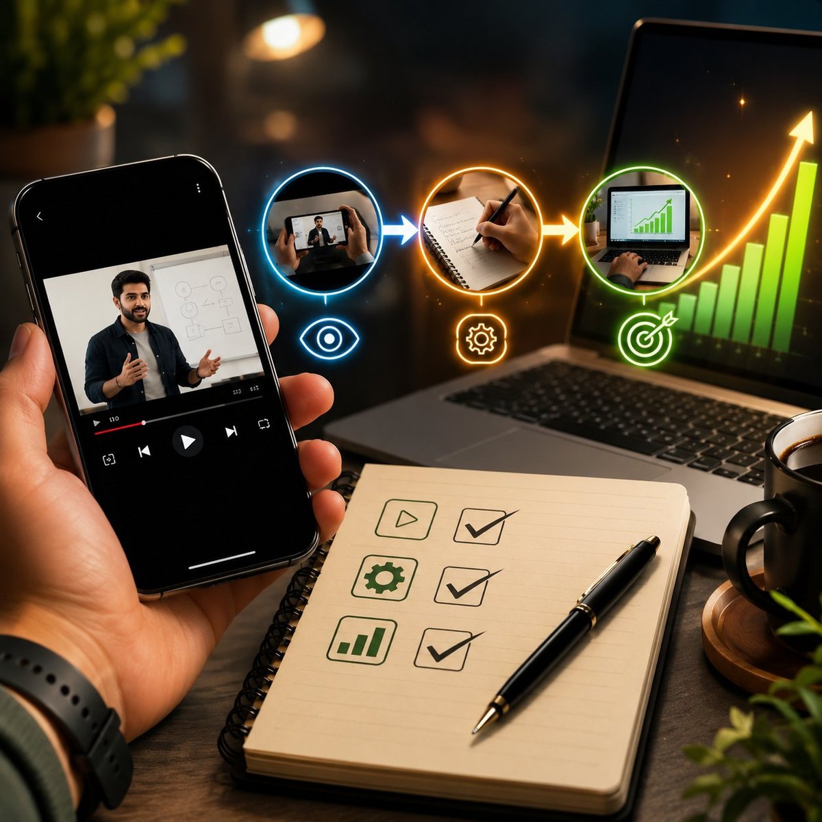 Hand holding smartphone displaying video content with animated workflow icons connecting to laptop and notebook with checklist on desk