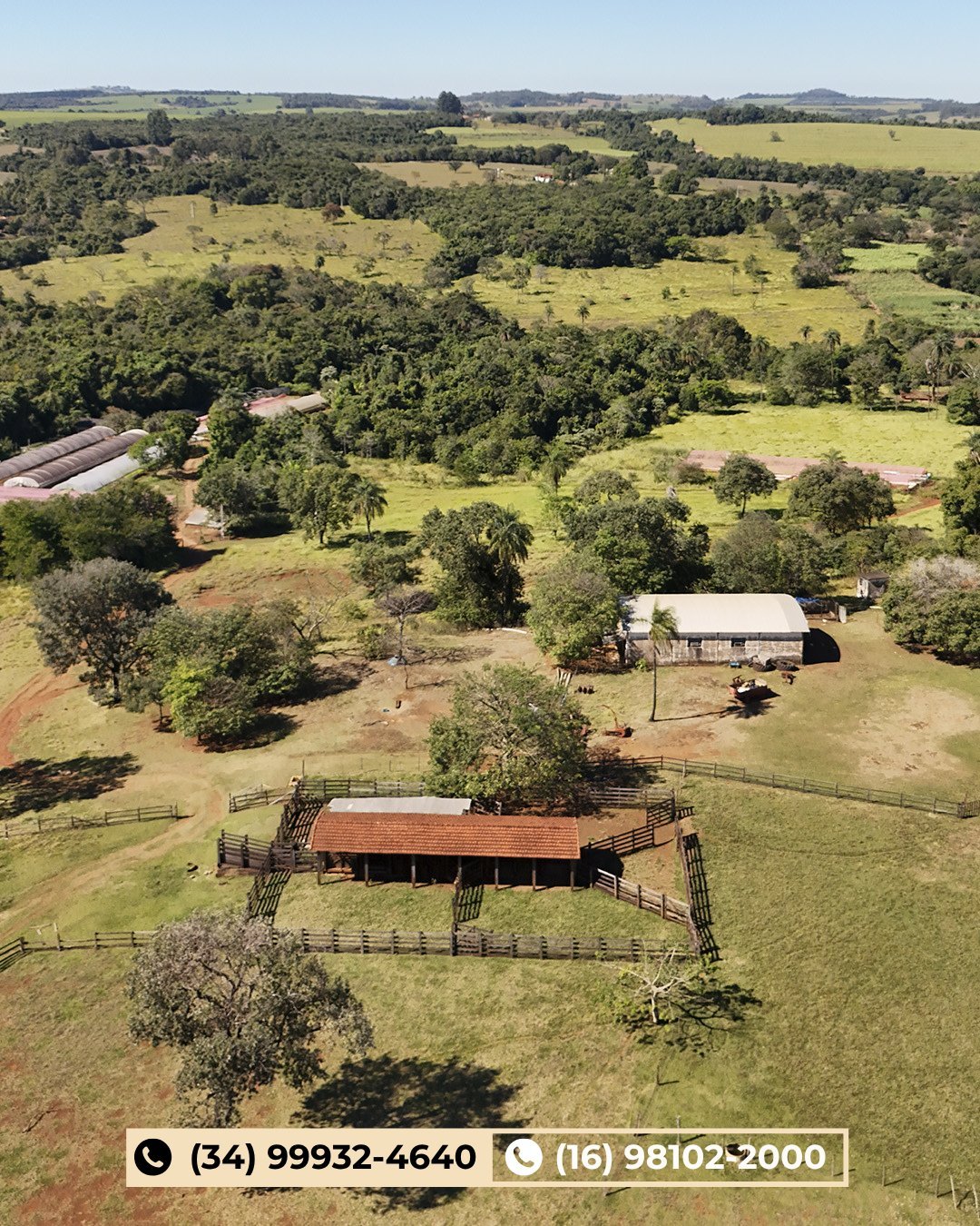 Vista aérea de propriedade rural com curral, estábulo, pastagens e árvores esparsas em paisagem rural