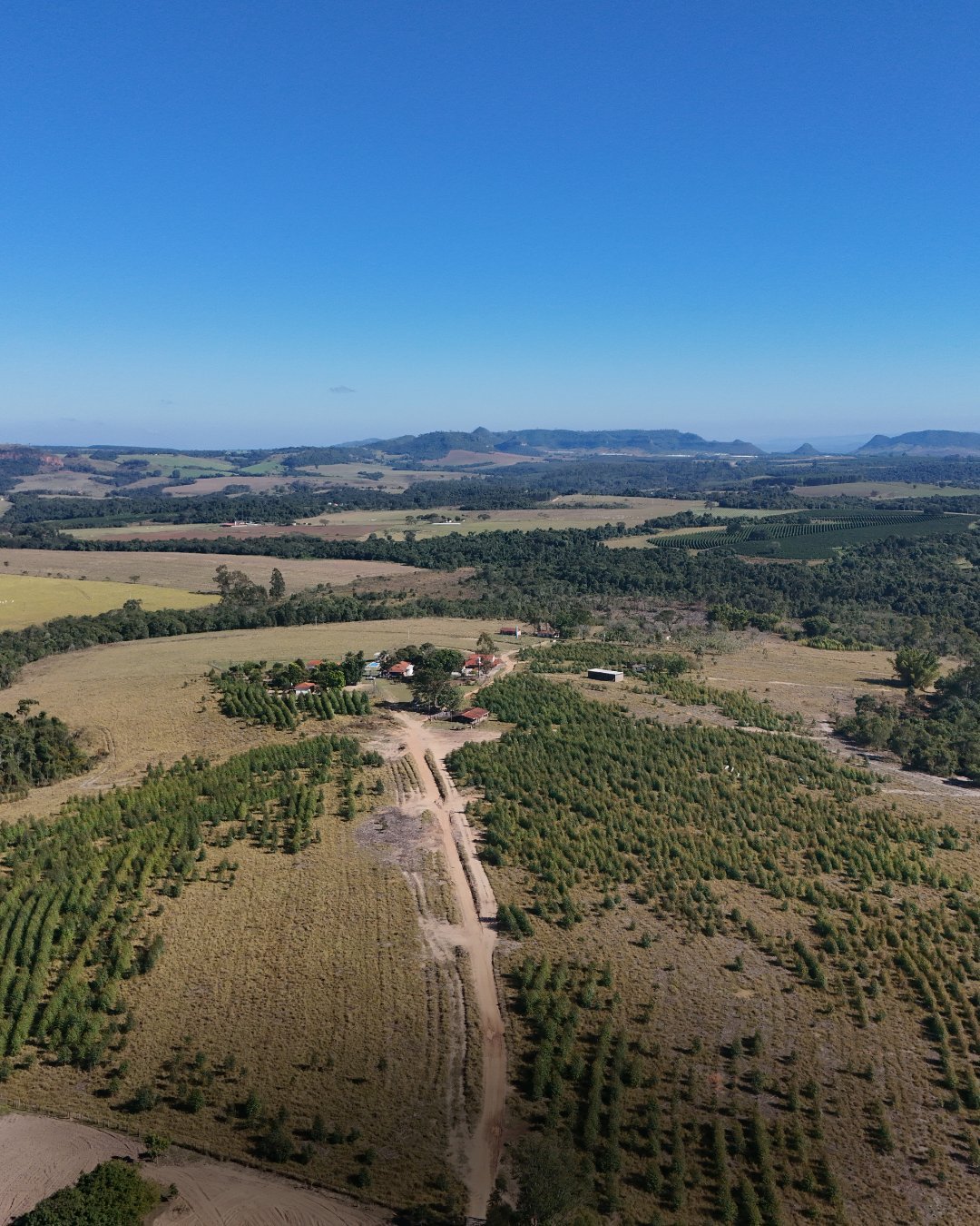 Vista aérea de área rural com pomares, lavouras e casa cercada por morros florestados sob céu aberto