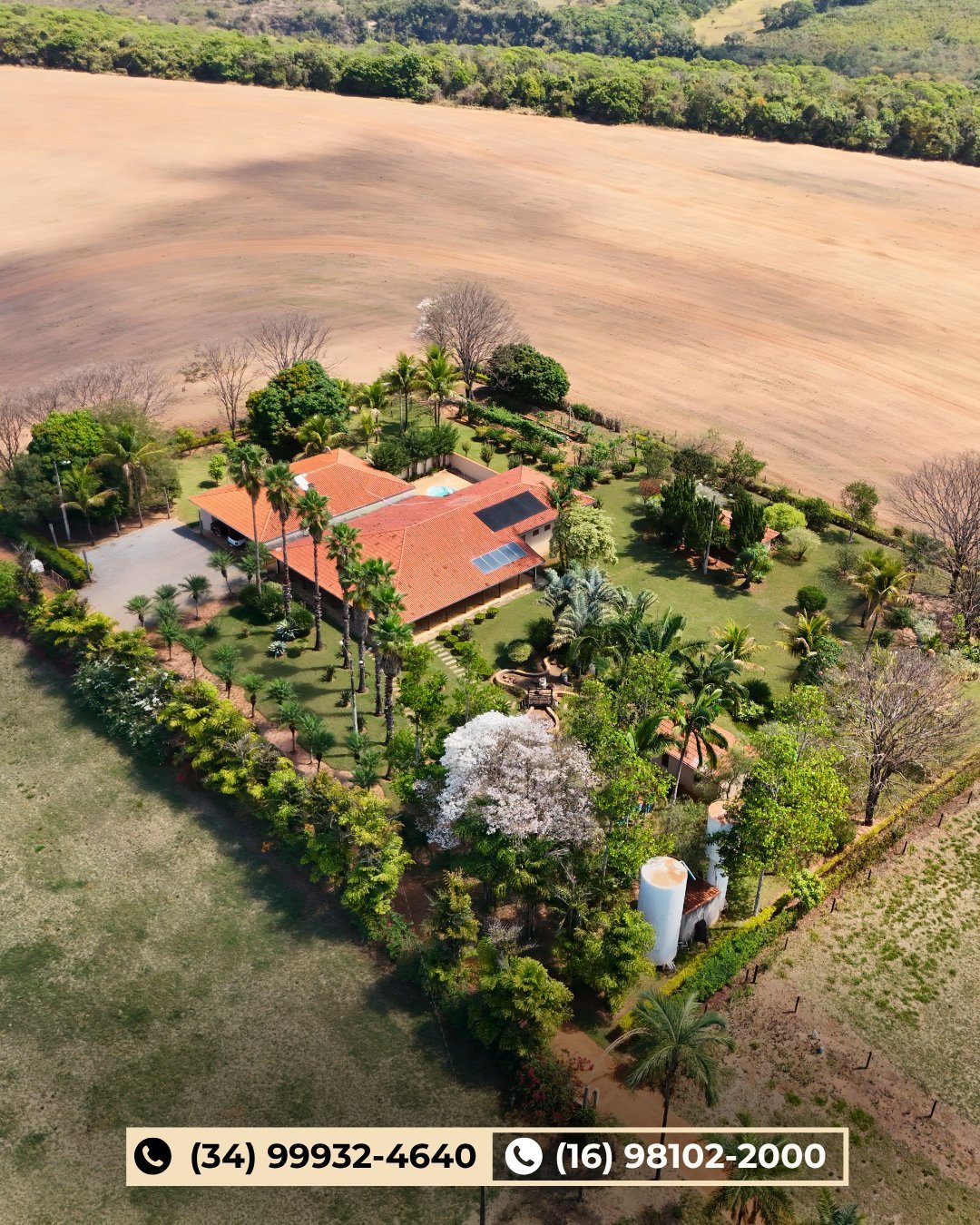 Vista aérea de casa de fazenda com telhado colonial cercada por vegetação verde e palmeiras em meio a campos rurais