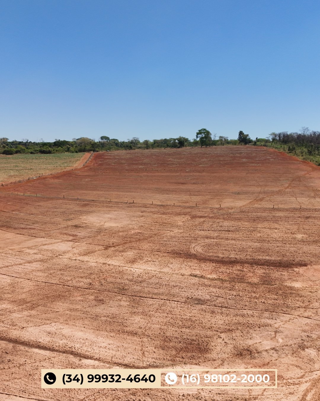 Grande terreno de terra avermelhada sob céu azul com árvores e linha do horizonte ao fundo