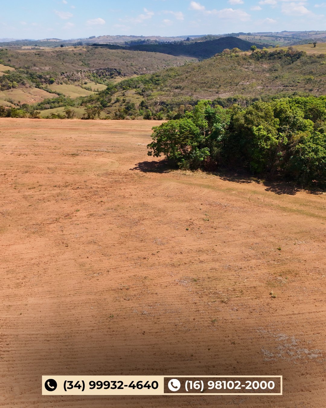Paisagem rural com campos arados, árvores esparsas e colinas ao fundo