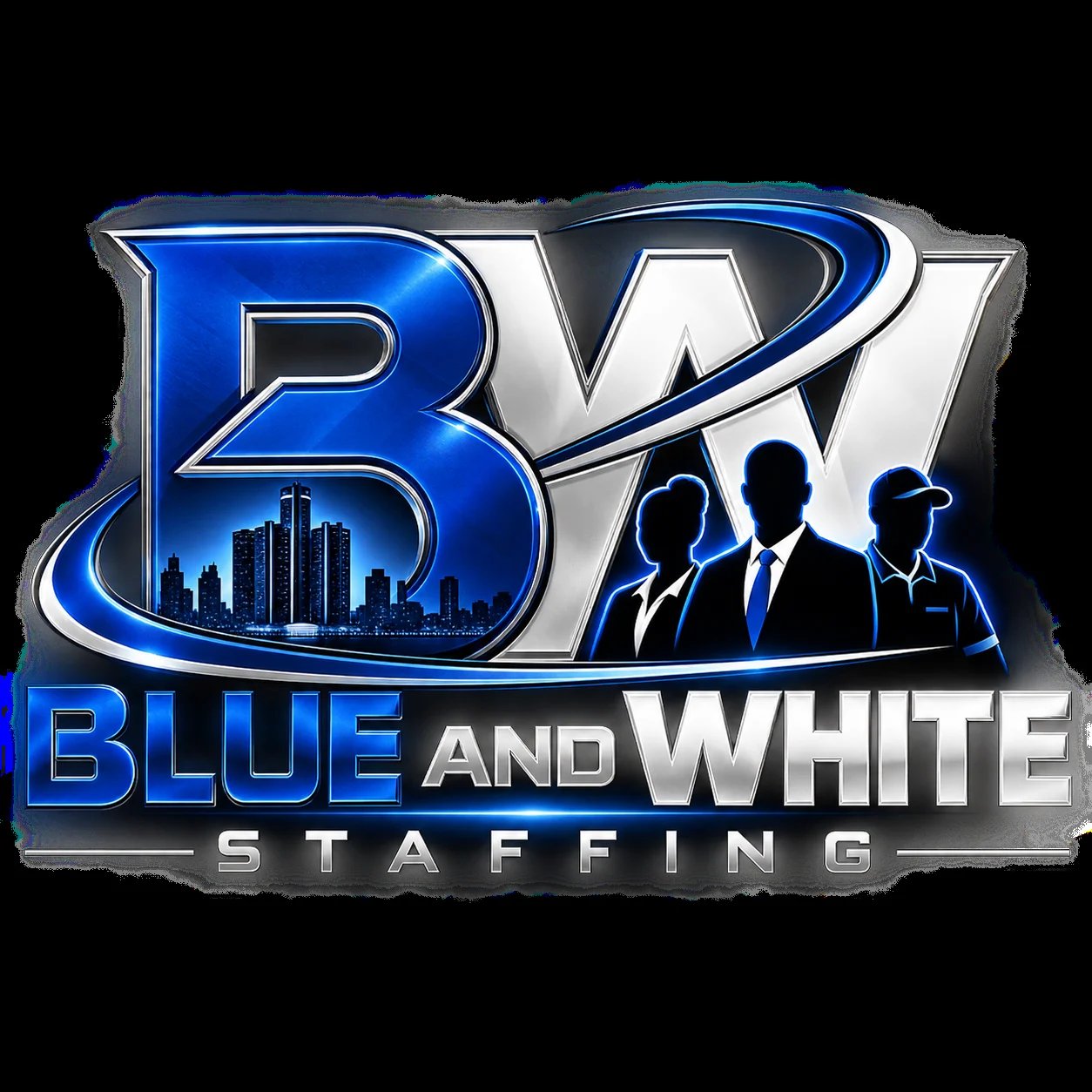 Blue and White Staffing logo featuring stylized BW letters, city skyline, and three silhouetted business professionals