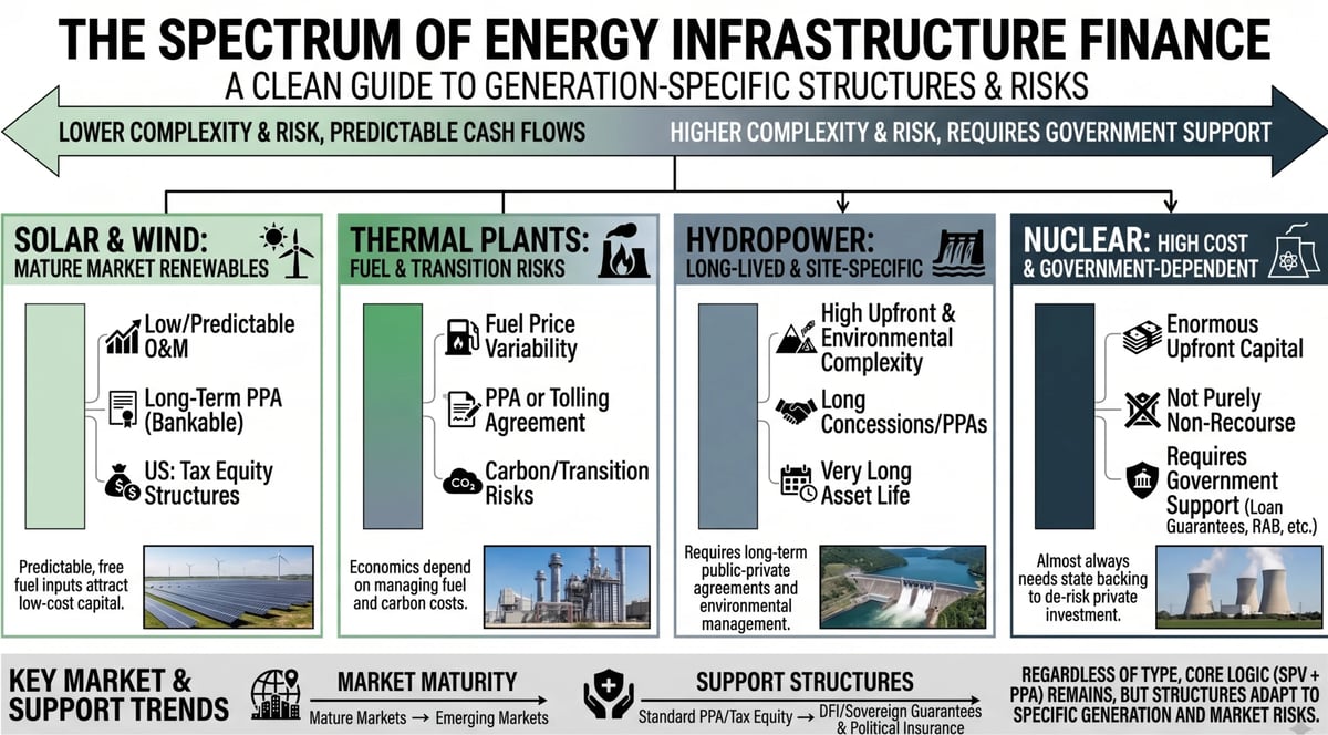 Infographic showing energy infrastructure finance spectrum across solar, wind, thermal, hydropower, and nuclear sectors with complexity and risk levels.