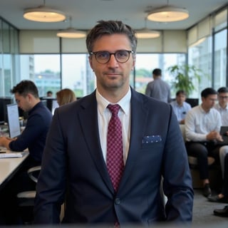 Professional man in dark suit and burgundy tie stands in modern office with colleagues working at desks in background.