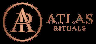 Atlas Rituals logo featuring a circular bronze emblem with stylized AR monogram and text