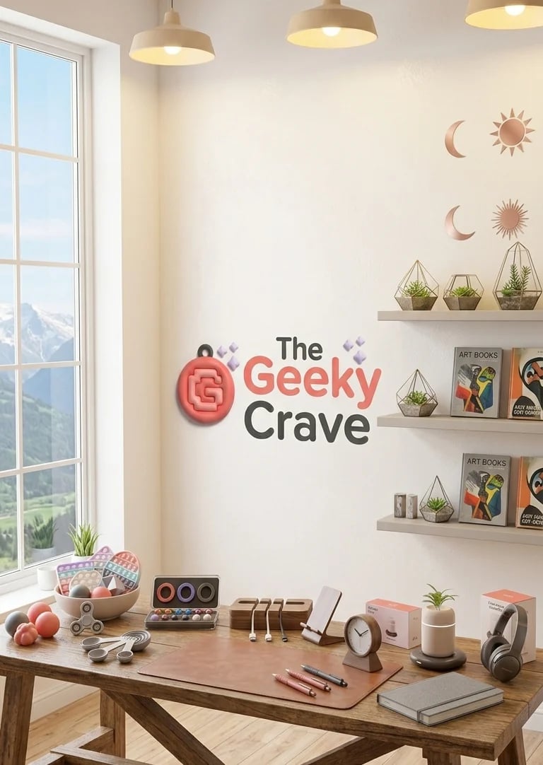 Modern home office with The Geeky Crave logo on wall, wooden desk with tech gadgets, shelves with plants and books, and large window overlooking mountains