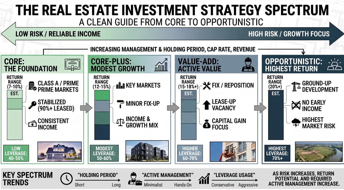 Infographic showing the real estate investment strategy spectrum from low-risk core investments to high-risk opportunistic investments, with details on management styles, holding periods, and risk characteristics.