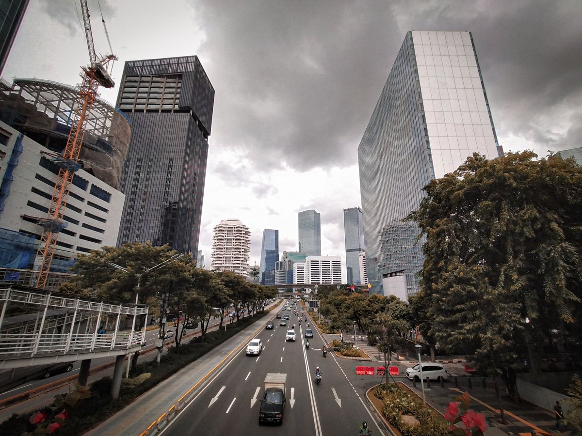 Urban street with multiple lanes, tall buildings, green trees, vehicles, and overcast sky.