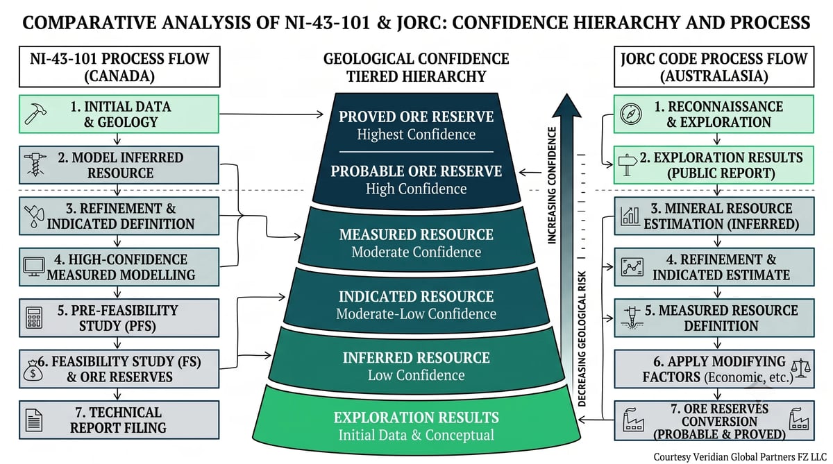 Comparative analysis flowchart of NI-43-101 and JORC processes showing confidence hierarchy from exploration results to proved ore reserves
