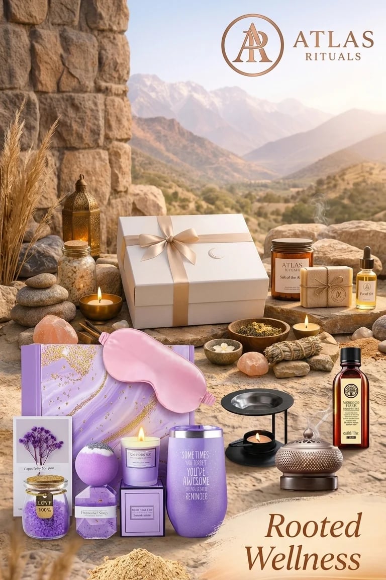 Atlas Rituals wellness product collection displayed on stones with mountains in background, featuring purple spa items, candles, oils and gift boxes