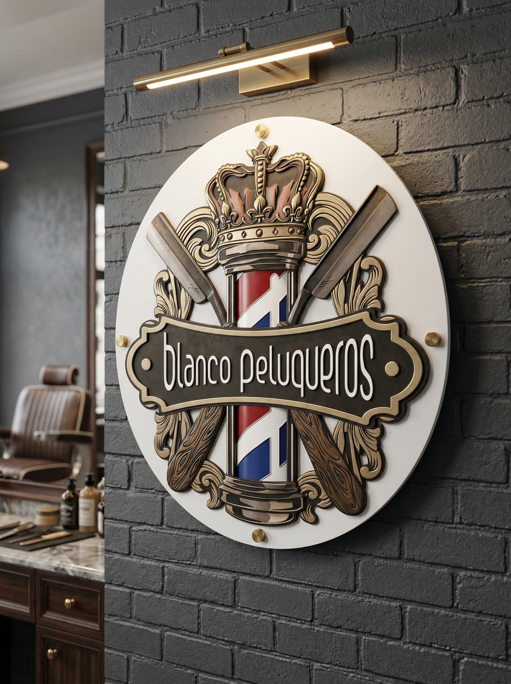 Ornate barber pole sign reading Blanco Peluqueros mounted on dark brick wall with overhead lighting