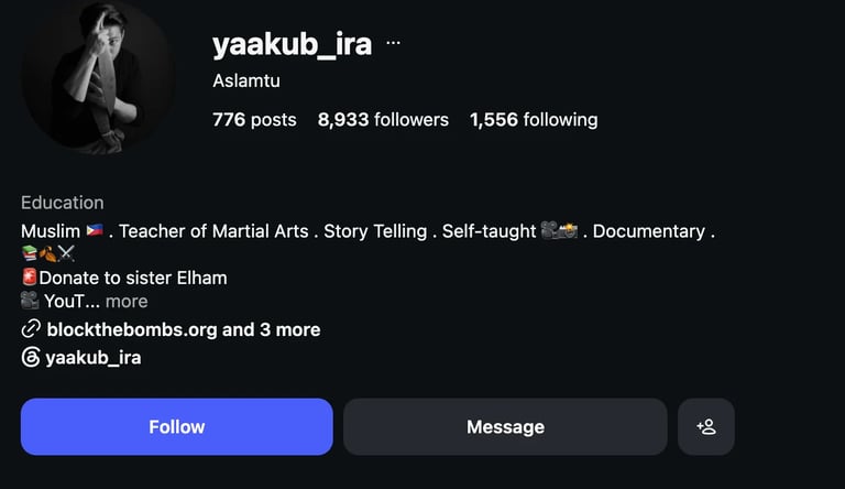 Instagram profile for yaakub_ira showing 776 posts, 8,933 followers. Bio lists education background including Martial Arts and Documentary work.