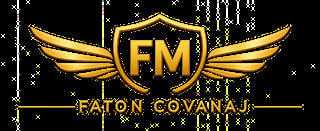 Gold FM Faton Covanaj logo with winged emblem on black background
