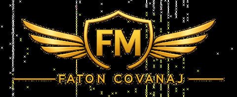 Gold FM Faton Covanaj logo with winged emblem on black background