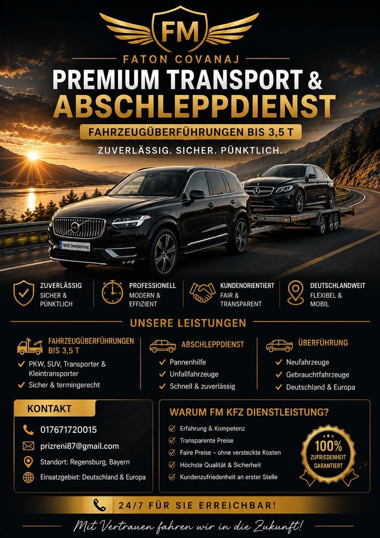 FM Faton Covanaj premium transport and vehicle towing service promotional flyer with luxury SUV and flatbed trailer