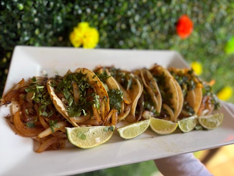 Plate of crispy tacos garnished with cilantro and lime wedges, served outdoors with a green leafy backdrop