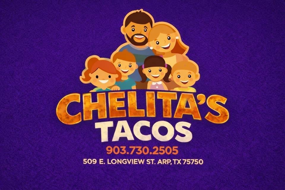 Chelita's Tacos cartoon family logo on purple background