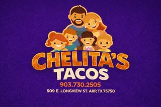 Chelitas Tacos logo featuring cartoon family illustration with business contact information on purple background