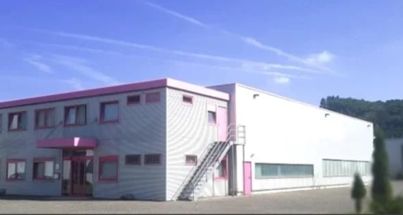 Modern commercial building with purple and white exterior featuring stairs, set against blue sky with forested hills