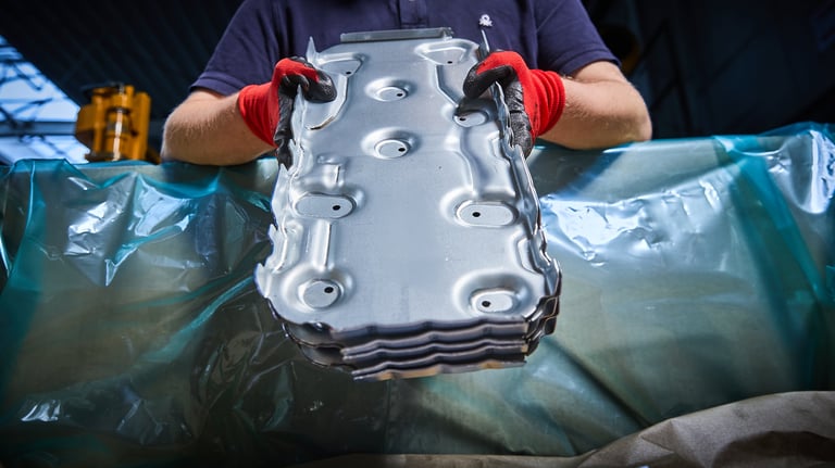 Mechanic in red gloves holding a metal engine cylinder head during automotive repair or assembly work